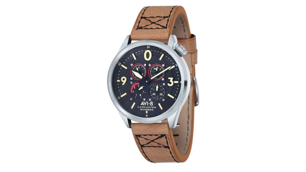 AVI-8 Lancaster Bomber Watch Japan Quartz Multi-Eye with 24 Hours and Day Date, Black/Brown AV-4050-01