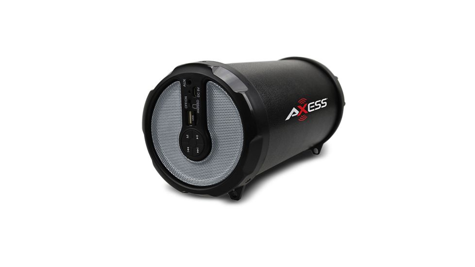AXESS Bluetooth In-Outdoor Hi-Fi Cylinder Loud Speaker w/ Built-In 3in Sub, FM Radio, SD Card, USB, AUX, Silver SPBT1030SL