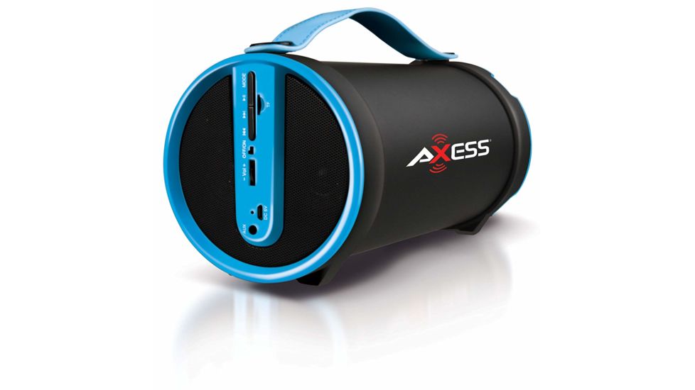 AXESS Portable Bluetooth Indoor/Outdoor 2.1 Hi-Fi Cylinder Loud Speaker w/ Built-In 4in Sub and FM Radio, SD Card, USB, AUX Inputs, Blue, SPBT1033BL