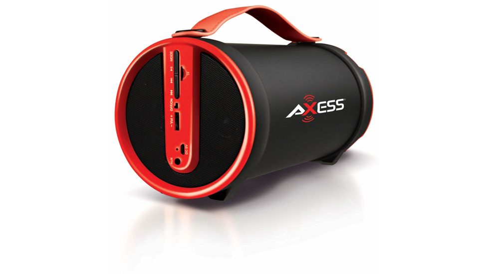 AXESS Portable Bluetooth Indoor/Outdoor 2.1 Hi-Fi Cylinder Loud Speaker w/ Built-In 4in Sub and FM Radio, SD Card, USB, AUX Inputs, Red, SPBT1033RD