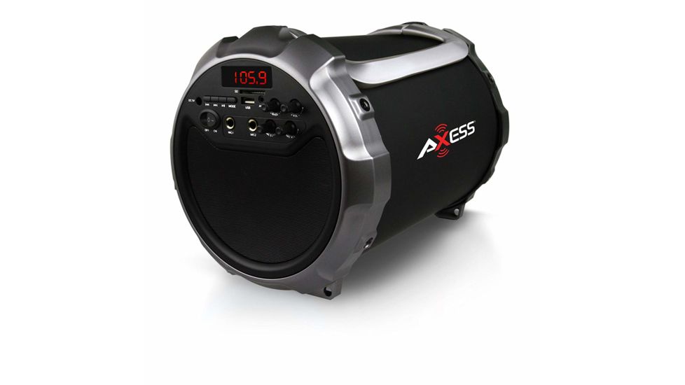 AXESS Portable Bluetooth Indoor/Outdoor 2.1 Hi-Fi Loud Speaker/Sing Along w/ Built-In 6in Sub, FM Radio, SD Card, USB, AUX, 6.5mm IN, Grey, SPBT1034GY