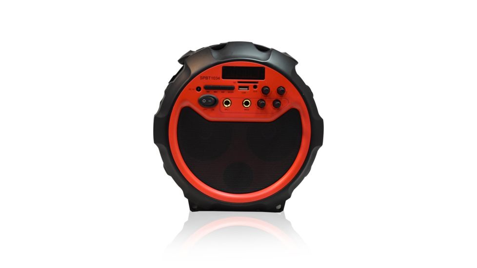 AXESS Portable Bluetooth Indoor/Outdoor 2.1 Hi-Fi Loud Speaker/Sing Along w/ Built-In 6in Sub, FM Radio, SD Card, USB, AUX, 6.5mm IN, Red, SPBT1034RD