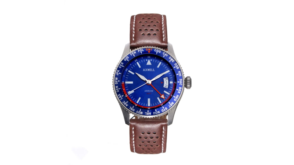 Axwell Leather-Band Watch w/Date, Brown/Blue, AXWAW102-2, Brown/Blue, One Size, AXWAW102-2