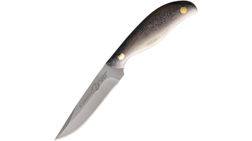 B Merry Caribou Antler Skinner Knife, 9in Overall, 4.5in, Stainless Steel, Matte Skinner Blade, Caribou Antler Handle, Leather Sheath, BMK-BR-SKINNER-CA