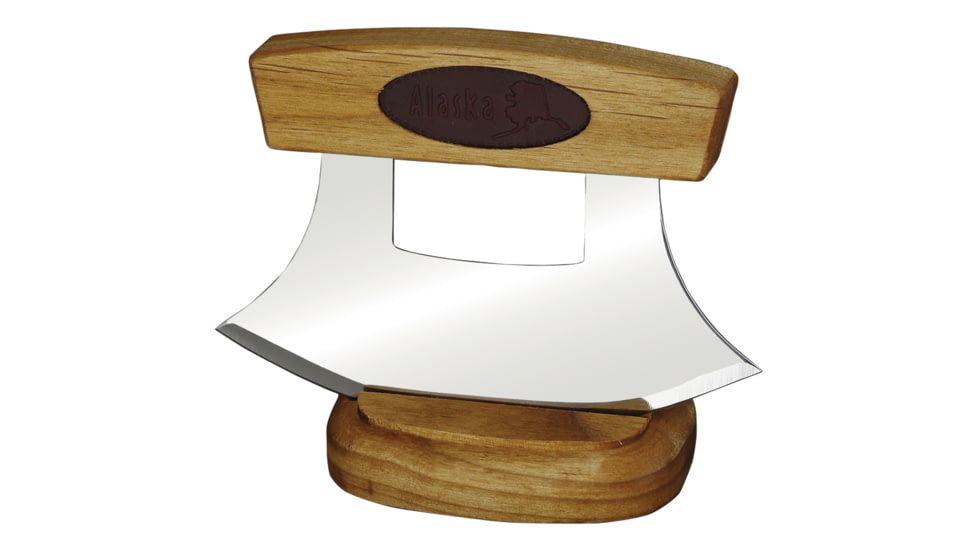 B Merry Birchwood Ulu Knife w/ Leather Inlay, 5.75in, 440 SS, Mirror Blade, 5.25in Birch Wood Handle, UBL26