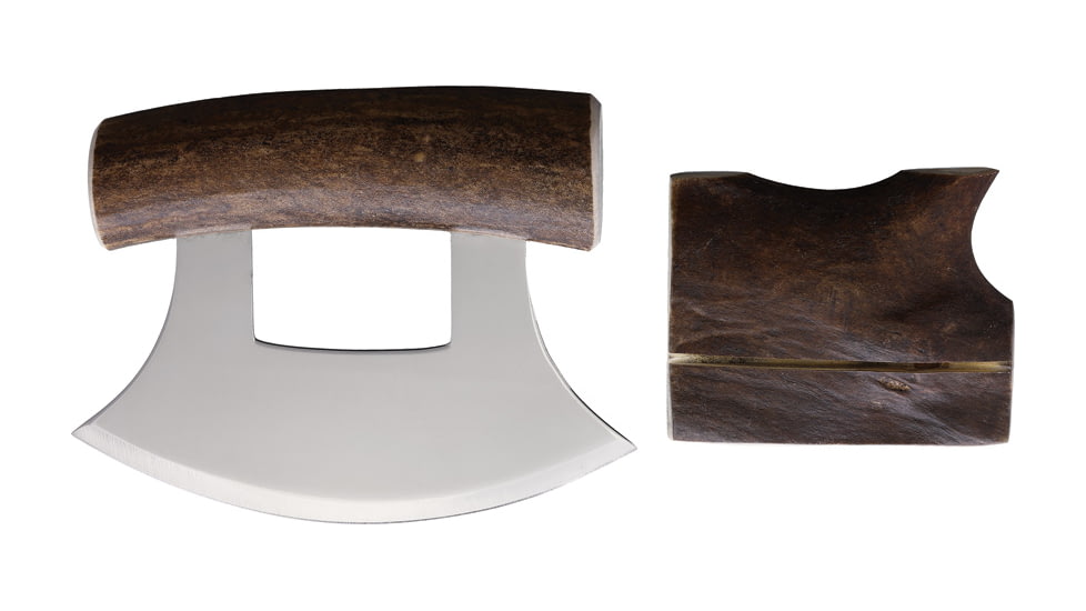 B Merry Caribou Antler Natural Ulu Knife, 5.75in, 440 SS, Mirror Blade, 5.25in Caribou Antler Handle, UCANI