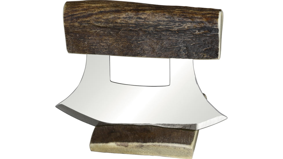 B Merry Moose Antler Natural Ulu Knife, 5.75in, 440 SS, Mirror Blade, 5.25in Shed Moose Antler Handle, UMAN3