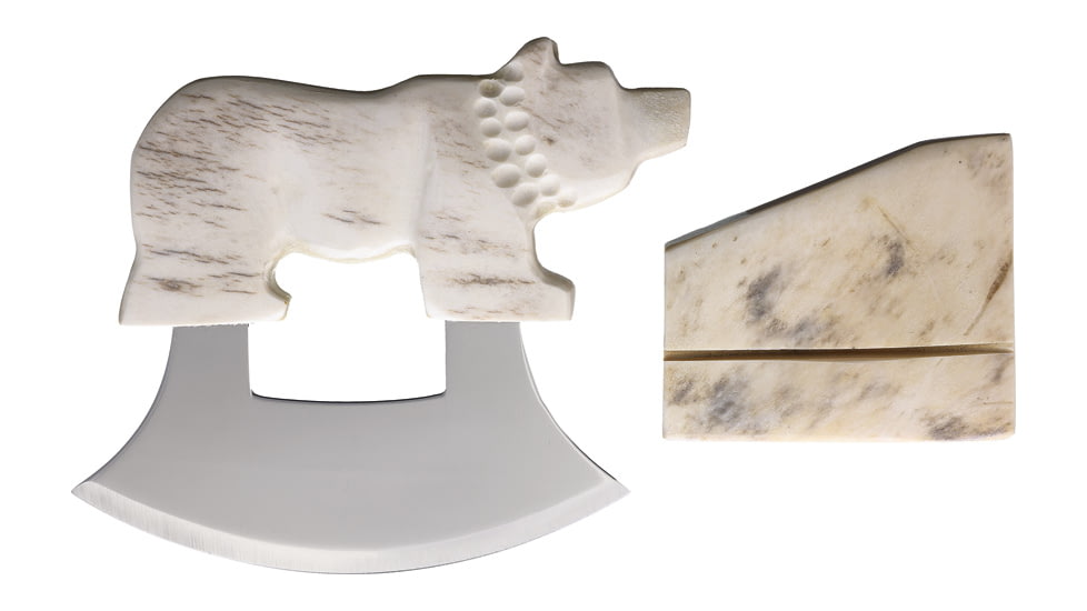 B Merry Moose Antler Walking Bear Ulu Knife, 5.75in, 440 SS, Mirror Blade, 5.25in Sun Bleached Moose Antler Bear Shaped Handle, UMAB17