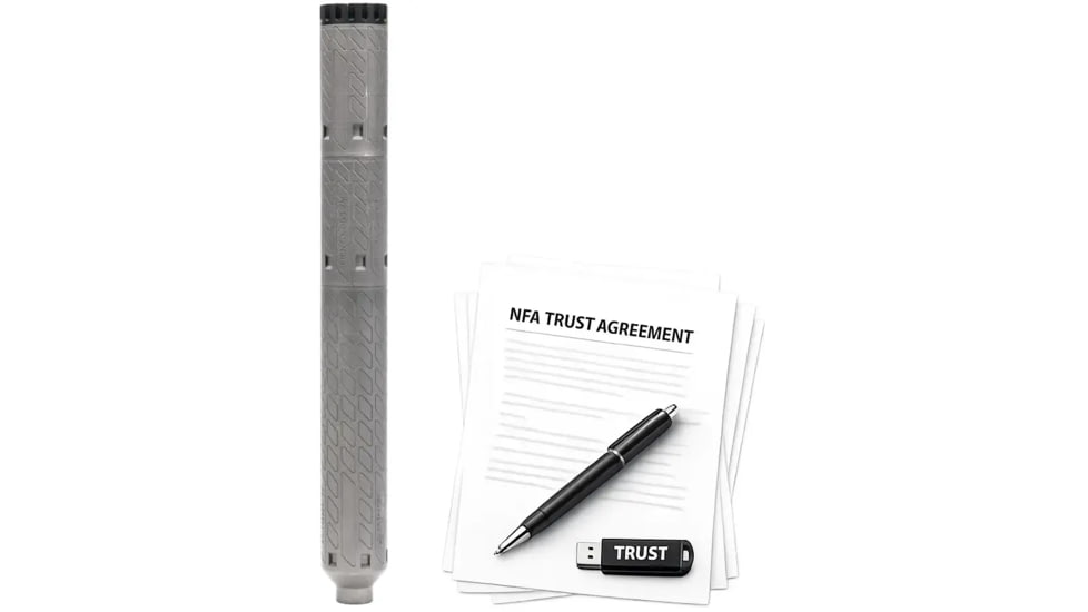 B&amp;T Print-X MP5 SD RBS Modular Ti 9mm Luger Suppressor, 1.5x13.7in, Grey, w/ NFA Trust Registration, 100000231953-KIT1