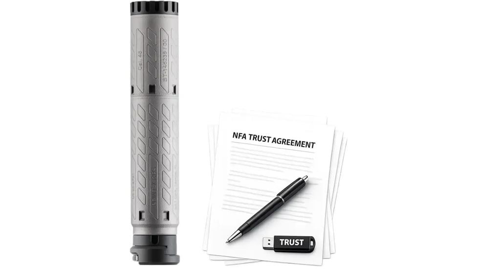 B&amp;T Print-X SQD 45 Modular Ti .45 ACP Suppressor, 2.2x9.2in, Grey, w/ NFA Trust Registration, 100000231952-KIT1