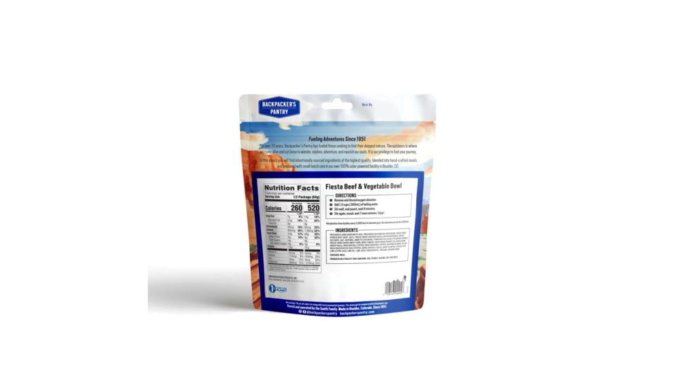 Backpackers Pantry Fiesta Beef and Vegetable Bowl Dehydrated Food, 520 Cal, 31g Protein, Natural, 4.5 oz, 102402