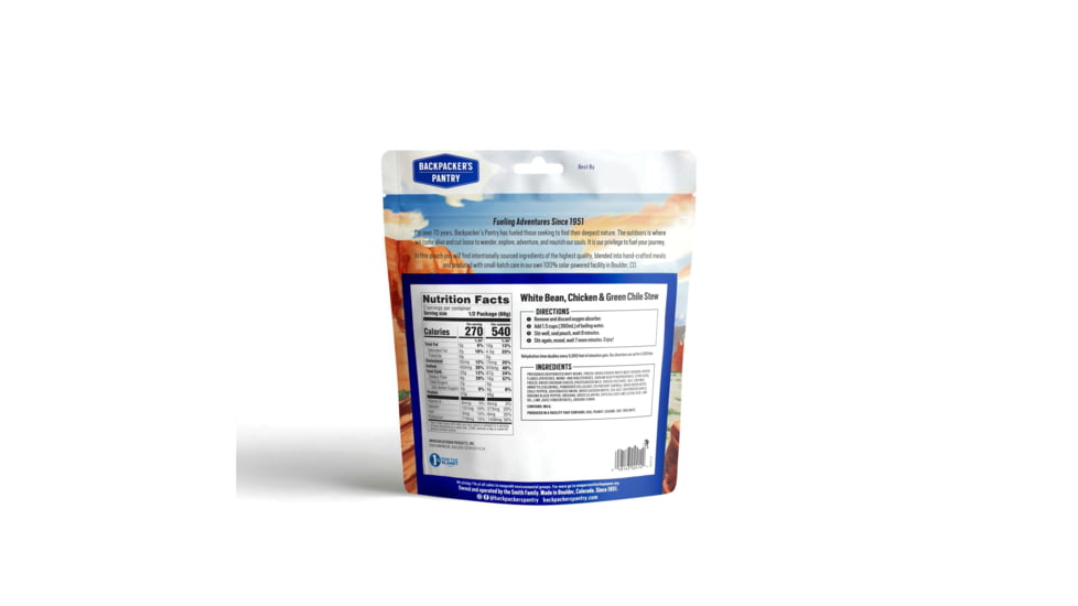 Backpackers Pantry White Bean Chicken &amp; Green Chile Stew Dehydrated Food, 540 Cal, 46g Protein, Natural, 4.8 oz, 102414