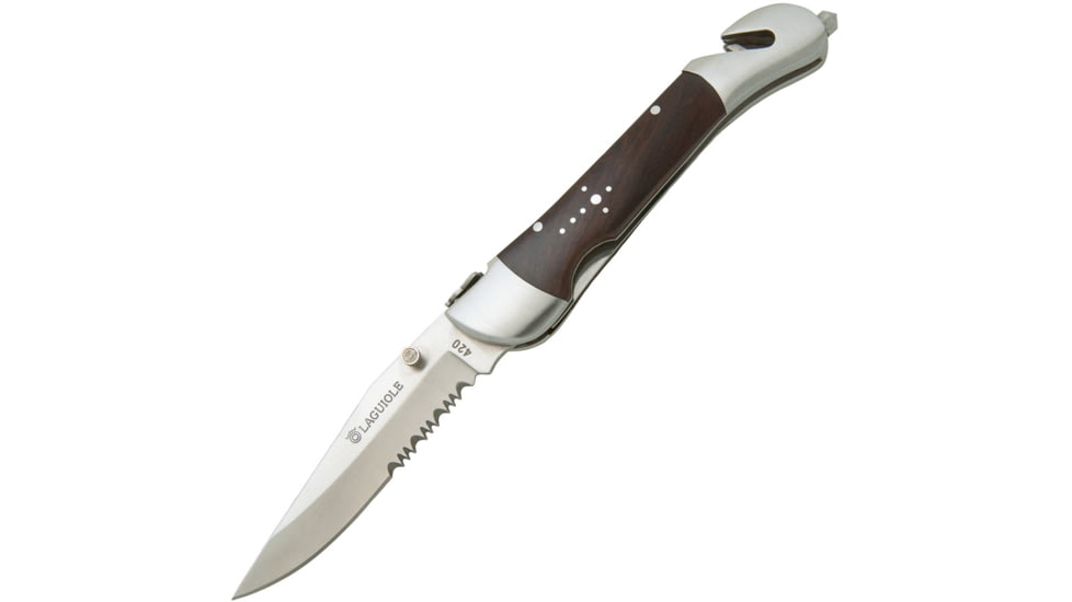 Baladeo Laguiole Security Linerlock Folding Knife, 3.75in Satin Partially Serrated 420 SS Clip Point Blade, Lead Wood Handle, SS Bolster, Belt/Cord Cutter, Glass Breaker, Black Nylon Sheath, DUB201
