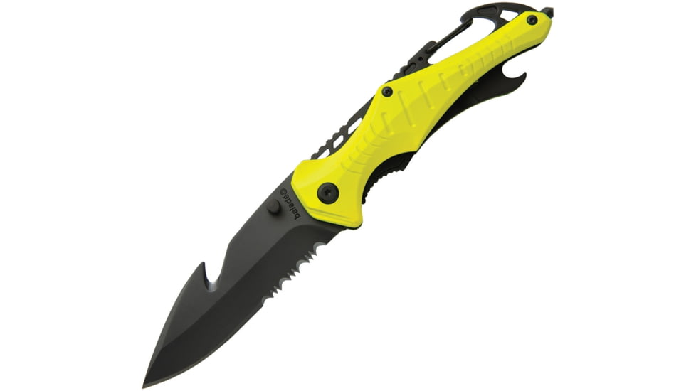 Baladeo Security Knife Yellow Folding Knife, 3.5in Gray Titanium Coated Partially Serrated 420 SS Drop Point, Yellow Rubberized Aluminum Handle, Attachment Clip Bottle Opener, ECO201