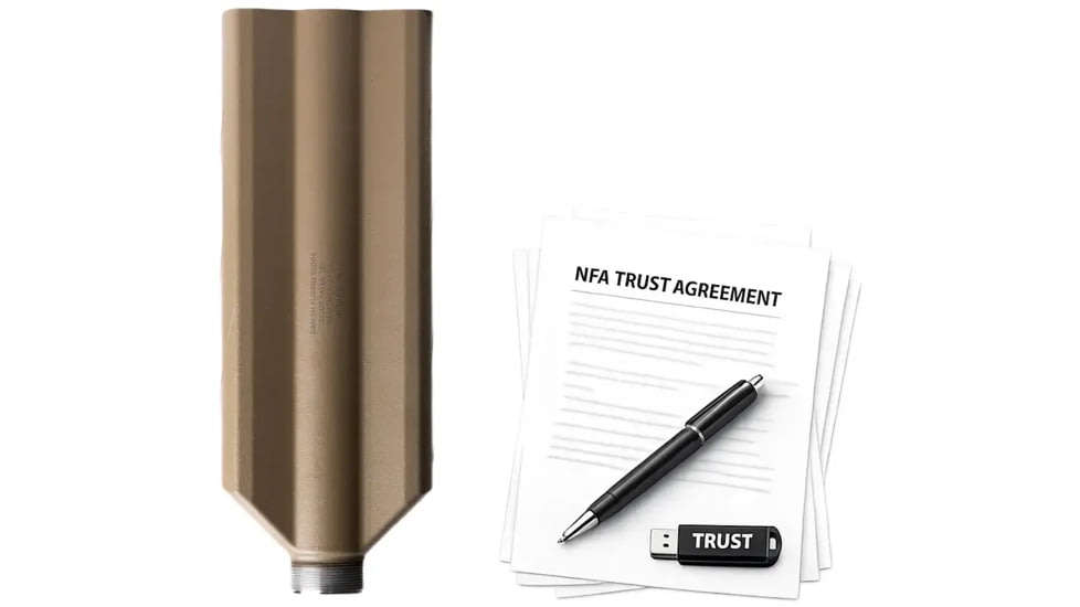 Banish TI 12 Gauge Shotgun Suppressor, 3.1x8.55 in, FDE, w/ NFA Trust Registration, 100000111402-KIT1
