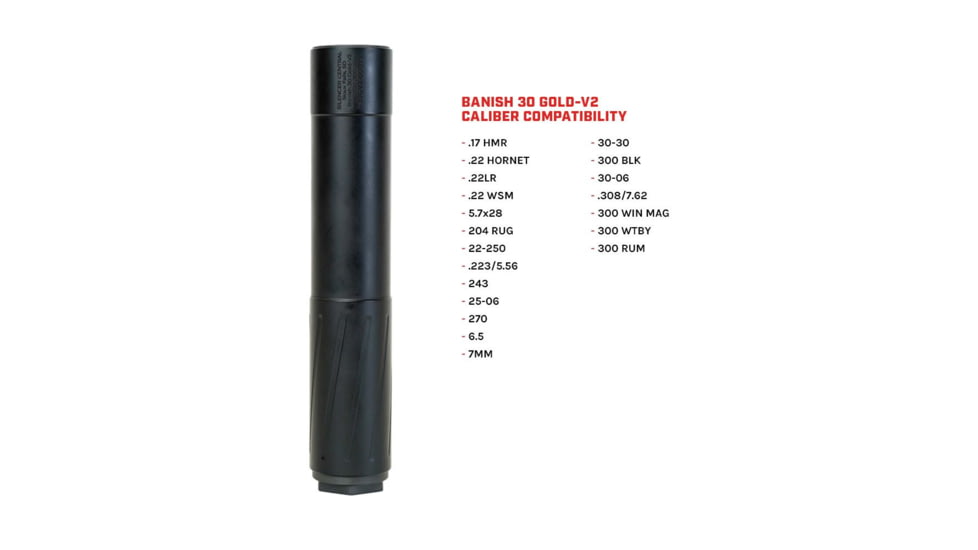 Banish HNT 30-V2 Gold TI MB .30 Caliber Suppressor, 5/8x24, 1.593x8.2in, Black, 100000111288