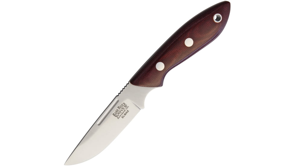 Bark River Adventurer Fixed Blade Knife, 6.75in Overall, 3.25in Satin Elmax Steel Drop Point, Burgundy Canvas Micarta Handle, Sheath, 05-141MBU