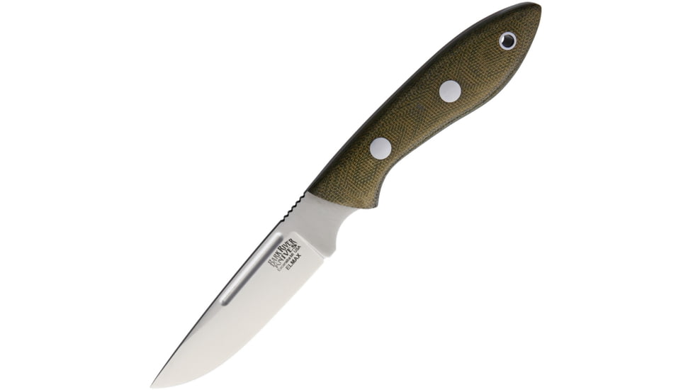Bark River Adventurer II Elmax Fixed Blade Knife, 7.75in Overall, 3.5in Satin Elmax Steel Blade, Green Canvas Micarta Handle, Brown Leather Belt Sheath, 05-143MGC