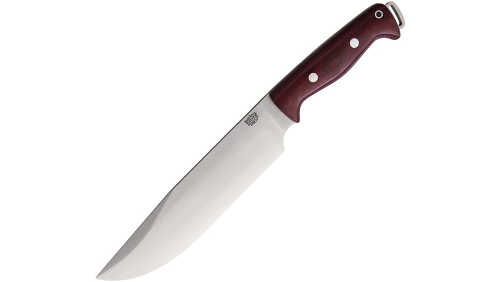Bark River Bravo Crusader 3V Fixed Blade Knife, 14in Overall, 8.5in Satin Cpm-3V Carbon Steel Blade, Burgundy Canvas Micarta Handle, Brown Leather Belt Sheath, 07324MBU