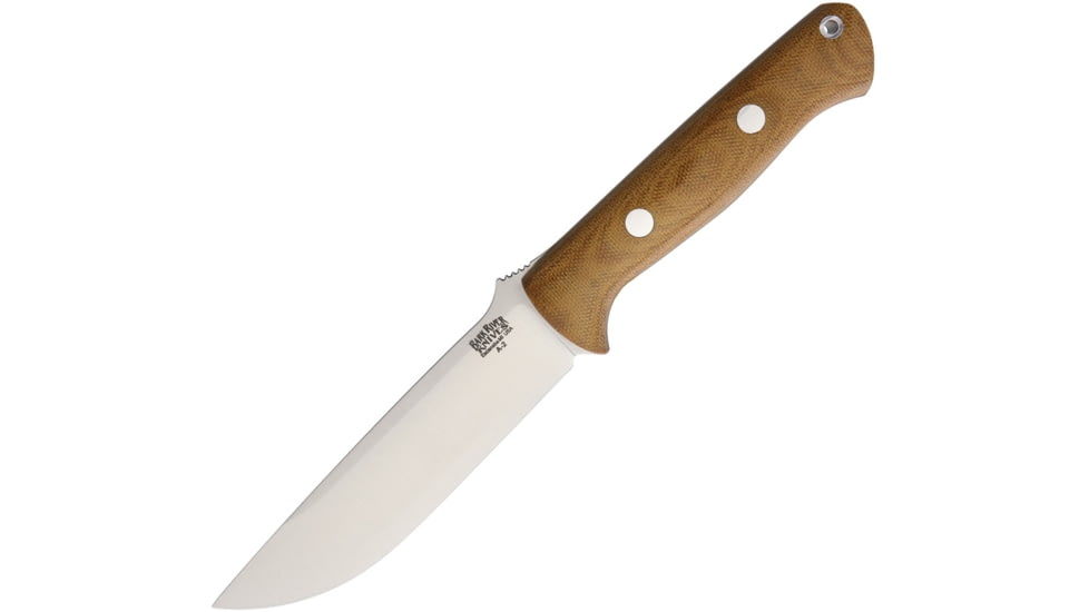 Bark River Bravo Natural Canvas A2 Fixed Blade Knife, 9.75in Overall, 5in Sand Blast Finish A2 Tool Steel Drop Point, Natural Canvas Micarta Handle, Brown Leather Belt Sheath, 07115MNC