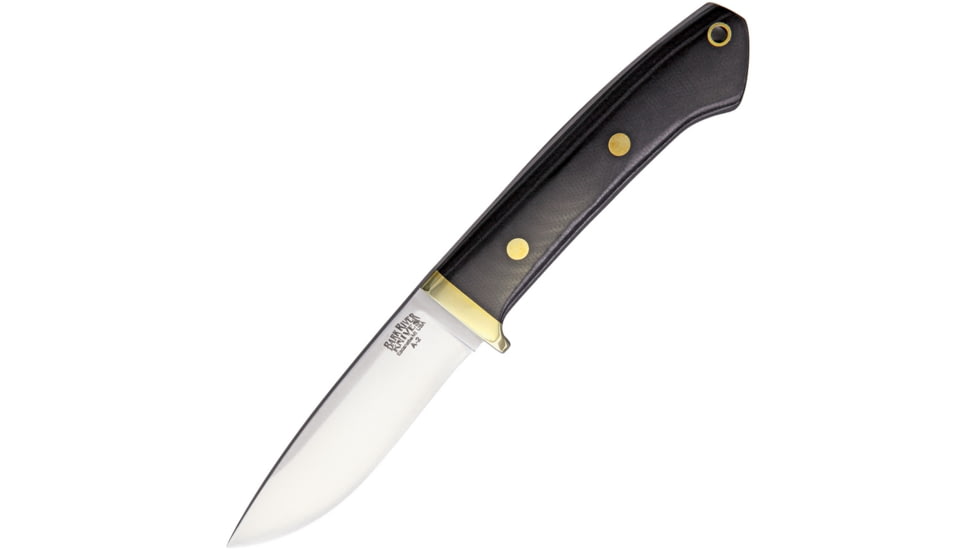 Bark River Classic Drop Point Hunter Fixed Blade Knife, 8.25in Overall, 3.63in Satin A2 Tool Steel Drop Point, Black Canvas Micarta Handle, Brass Guard, Brown Leather Belt Sheath, 02-116M-BC