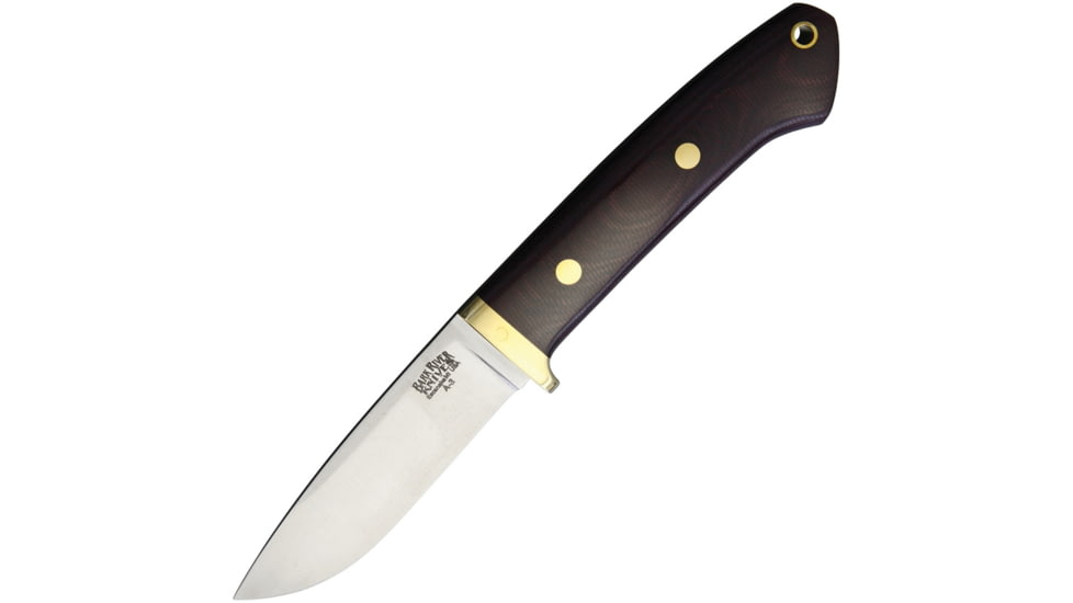 Bark River Classic Drop Point Hunter Fixed Blade Knife, 8.25in Overall, 3.63in Satin A2 Tool Steel Drop Point, Burgundy Canvas Micarta Handle, Brass Guard, Brown Leather Belt Sheath, 02-116M-BU