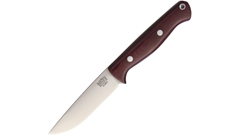 Bark River Gunny Hunter LT Elmax Fixed Blade Knife, 8.25in Overall, 3.75in Satin Elmax Steel Blade, Burgundy Canvas Micarta Handle, Brown Leather Belt Sheath, 07056MBU