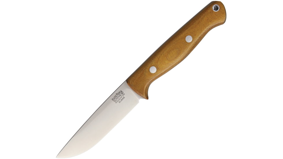 Bark River Gunny Hunter LT Elmax Fixed Blade Knife, 8.25in Overall, 3.75in Satin Elmax Steel Blade, Natural Canvas Micarta Handle, Brown Leather Belt Sheath, 07-056MNC