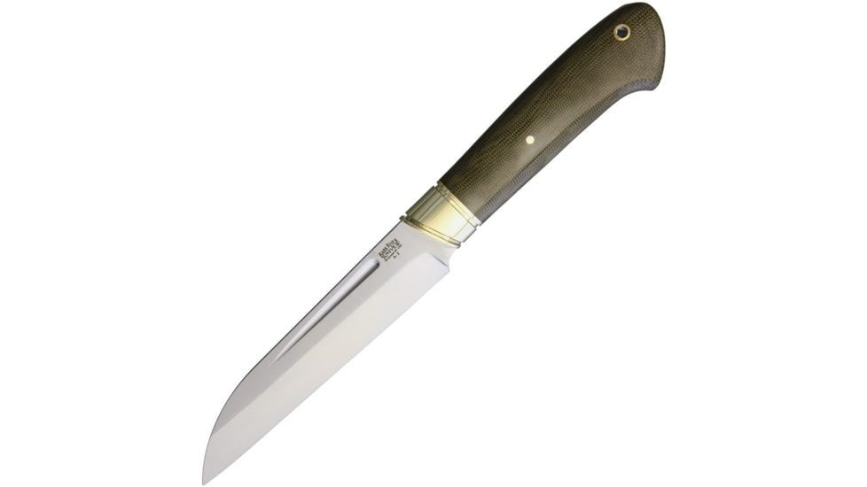 Bark River Hauk Fixed Blade Knife, 10.5in Overall, 5.5in Satin A2 Tool Steel Wharncliffe Blade, Green Canvas Micarta Handle, Brass Guard, Brown Leather Belt Sheath, 10-219MGC