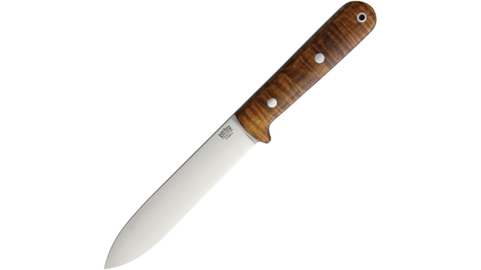 Bark River Kephart 4V Fixed Blade Knife, 10in Overall, 5.5in Satin Cpm-4V Tool Steel Spear Point Blade, Curly Maple Handle, Brown Leather Belt Sheath, 08-125WCM