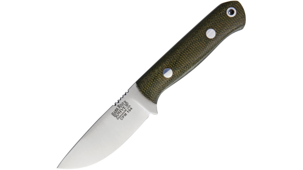 Bark River Micro Bravo CPM154 Fixed Blade Knife, 4.88in Overall, 2.13in Satin Cpm-154 SS Drop Point, Green Canvas Micarta Handle, Brown Leather Belt Sheath, 07-053MGC
