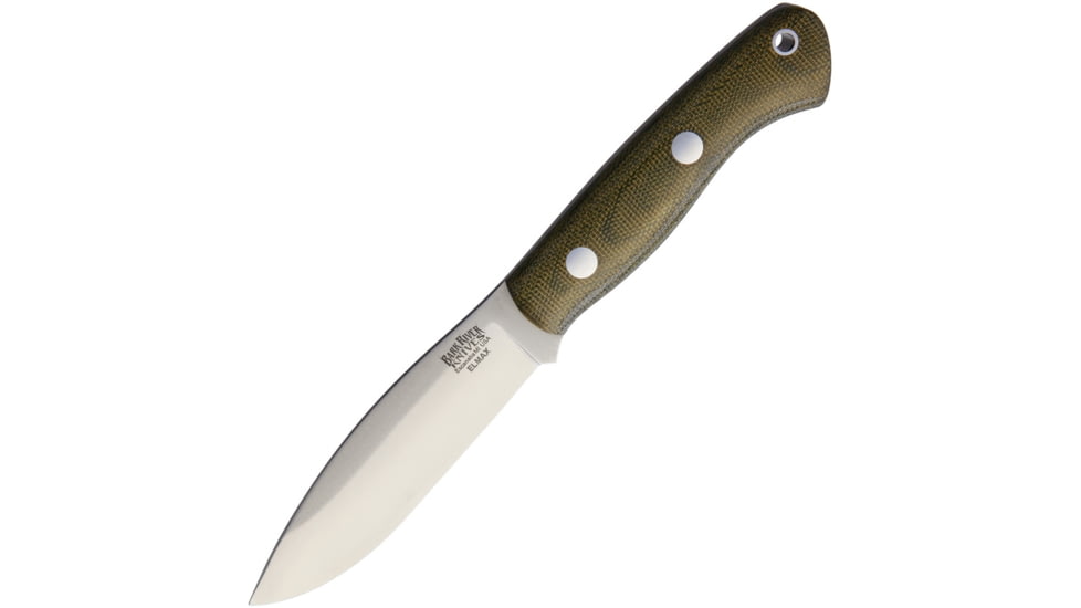Bark River Mini Tundra Elmax Fixed Blade Knife, 8in Overall, 4in Satin Elmax Steel Blade, Green Canvas Micarta Handle, Brown Leather Belt Sheath, 18-041MGC