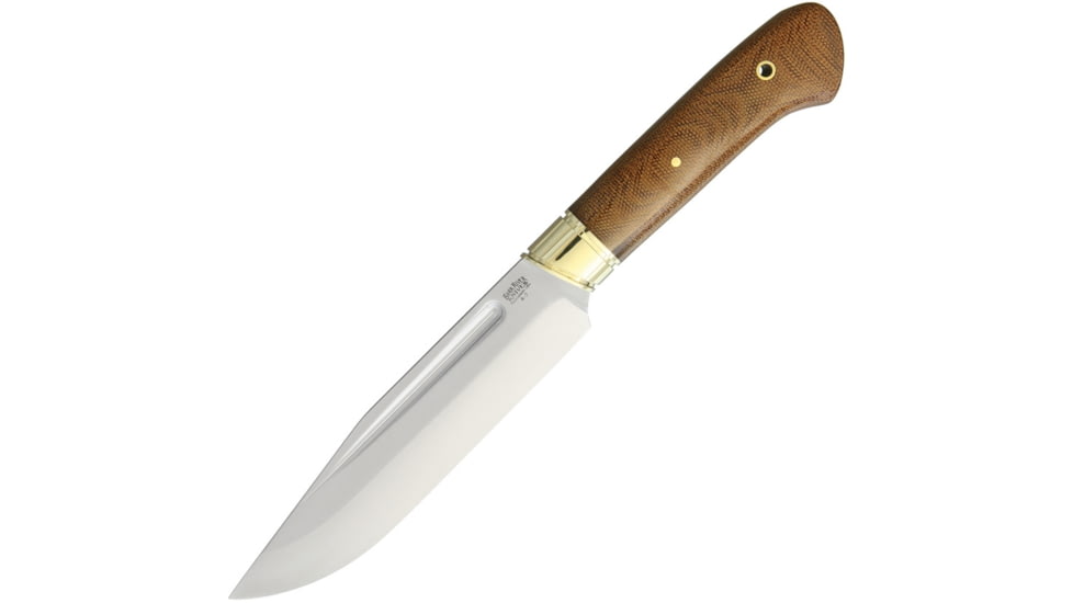 Bark River Vidarr Fixed Blade Knife, 11in Overall, 6.13in Satin A2 Tool Steel Drop Point, Natural Canvas Micarta Handle, Nickel Silver Guard, Collaboration w/Dan Tope, Brown Leather, 10-114MNC