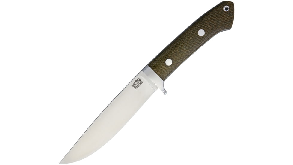 Bark River Wilderness Explorer Fixed Blade Knife, 10.75in Overall, 5.75in Satin Cpm Cru-Wear Steel Drop Point, Green Canvas Micarta Handle, Designed By Bob Loveless, Brown Leather, 02-250MGC