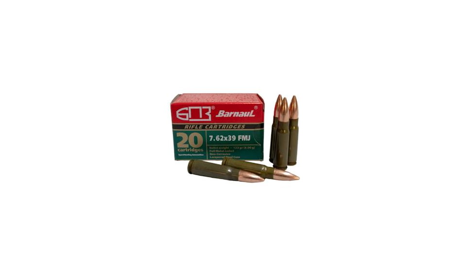 BarnauL 7.62x39mm 123 grain Full Metal Jacket Steel Cased Centerfire Rifle Ammo, 20 Rounds, BRN762X39FMJ123