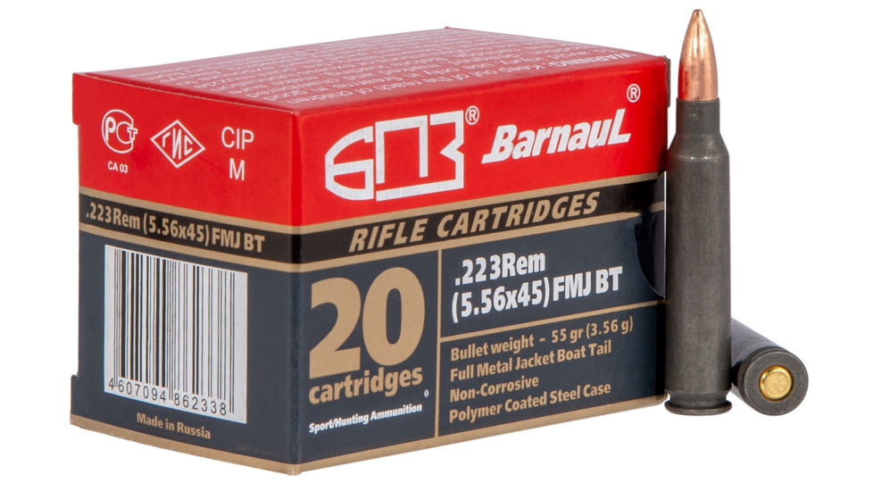 BarnauL .223 Remington 55 grain Full Metal Jacket Boat-Tail Steel Cased Centerfire Rifle Ammo, 20 Rounds, 223REMFMJ55
