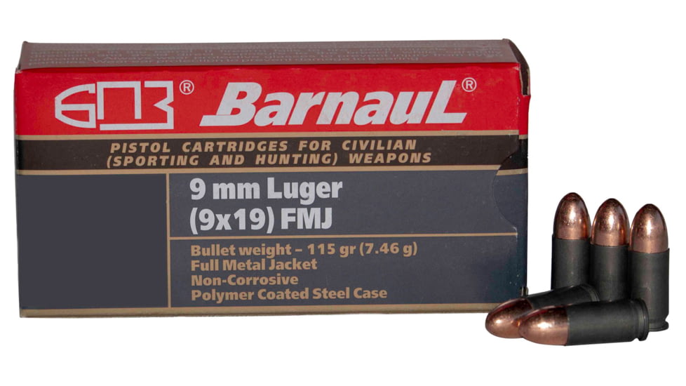 BarnauL 9mm Luger 115 grain Full Metal Jacket Steel Cased Centerfire Pistol Ammo, 50 Rounds, BRN9MMLUGERFMJ115
