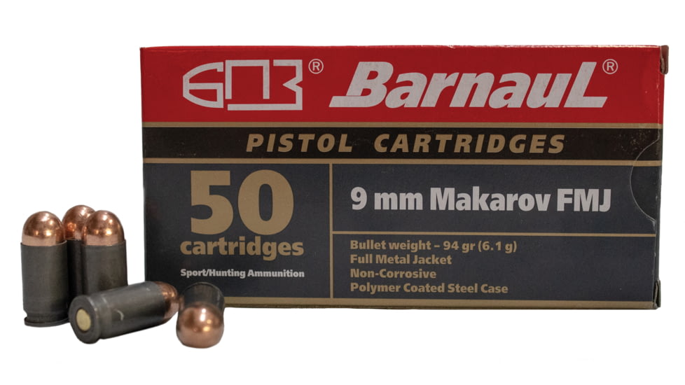 BarnauL Ammunition BRN 9mmMakarov FMJ94 Pistol Ammo 9mm Makarov 94gr FMJ steel polycoated case, FMJ94