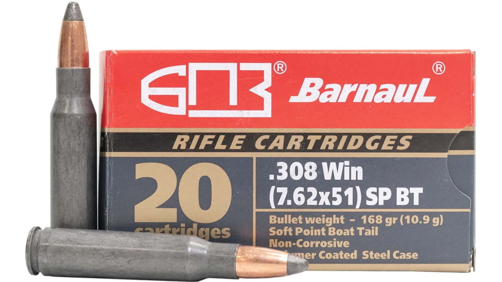 BarnauL .308 Winchester 168 grain Soft Point Boat-Tail Steel Cased Centerfire Rifle Ammo, 500 Rounds, BRN308WINSPBT168