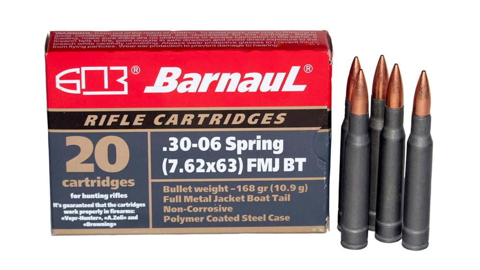 BarnauL Polycoated Steel Case Rifle Ammo .30-06 Sprg 168 gr FMJ 2612 fps 500/ct Case, BRN 3006SPR FMJ168C