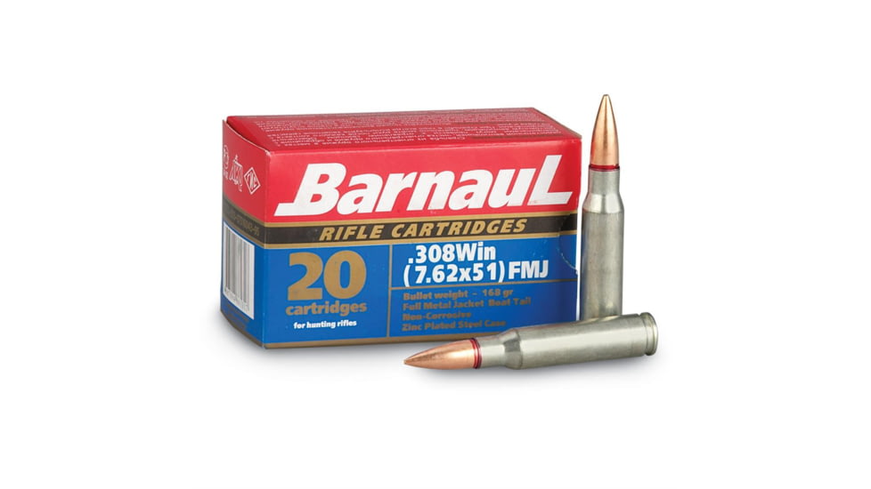 BarnauL Polycoated Steel Case Rifle Ammo .308 Win 168gr FMJ 2625 fps 500/ct Case, BRN 308WIN FMJ168C