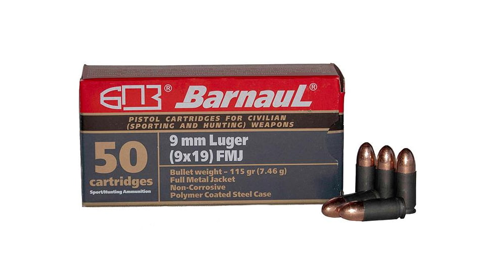 BarnauL Polycoated Steel Case Rifle Ammo 9mm Luger 115 gr FMJ 1329 fps 500/ct Case, BRN 9mmLuger FMJ115C