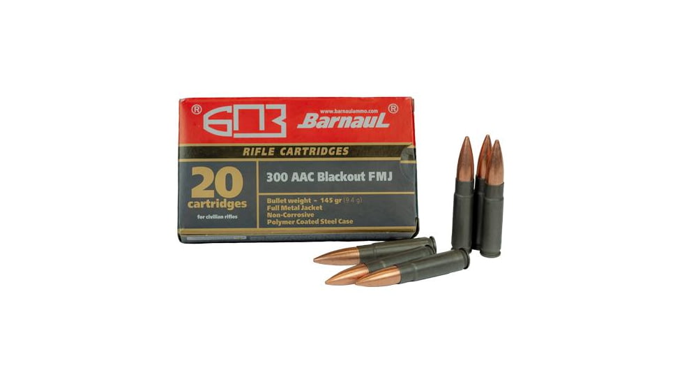 BarnauL Steel Poly Coated Rifel Ammunition .300 AAC Blackout 145gr FMJ 1985 fps 20/ct, BRN 300BLK FMJ145 BOX