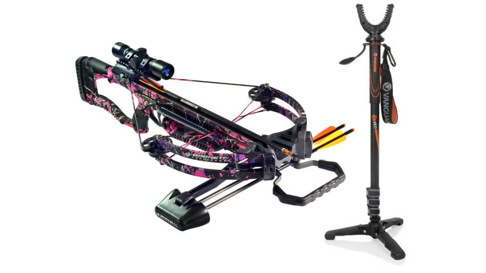 Barnett Crossbows LadyRaptor FX Crossbow, Pink Camouflage 4x32 Scope, 78629 W/ Vanguard Veo Shooting Stick