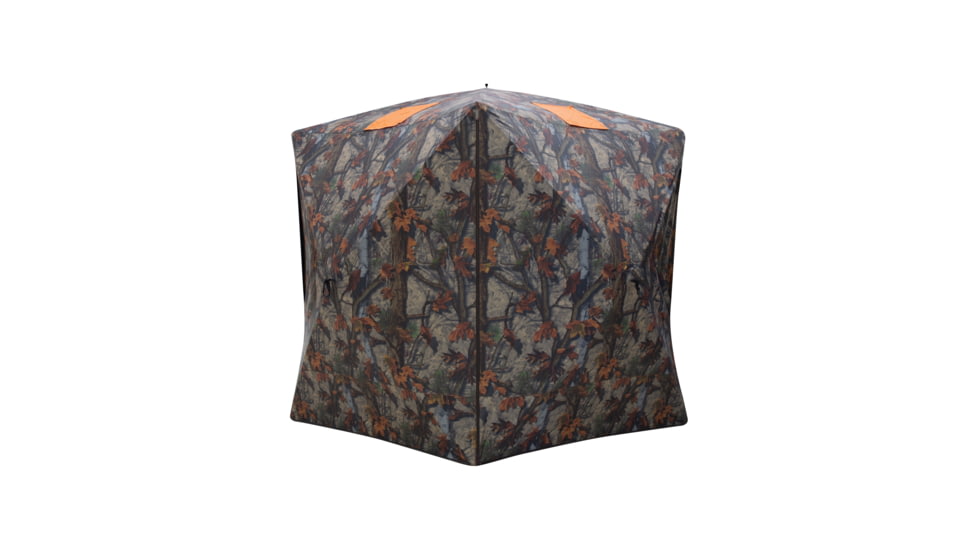 Barronett Blinds Tag Out Hub Hunting Blind with blaze orange safety panels, Bloodtrail Woodland, 3-Person, TA350BT