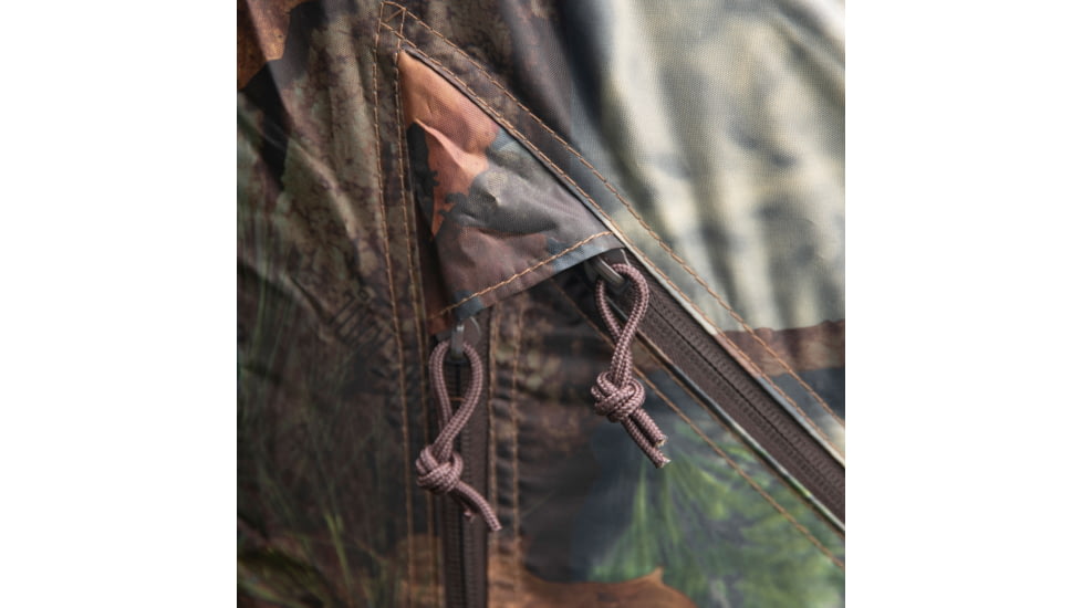 Barronett Blinds Tag Out Hub Hunting Blind with blaze orange safety panels, Bloodtrail Woodland, 3-Person, TA350BT