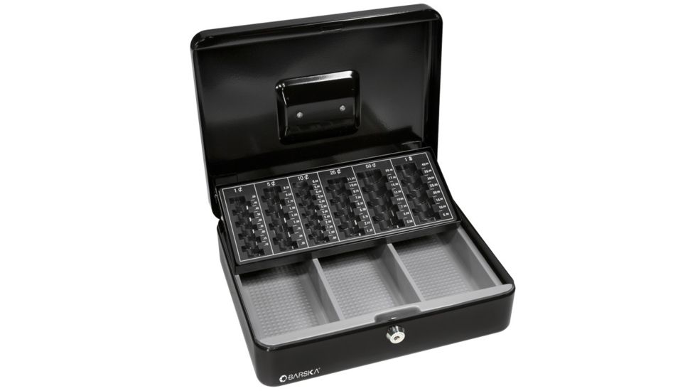 Barska 12in. Cash Box, 6 Compartment Coin Tray, Lock, Open CB11790