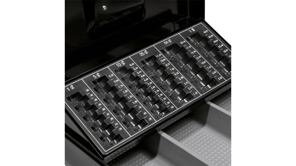 Barska 12in. Cash Box, 6 Compartment Coin Tray, Key Lock, Close Up CB11790