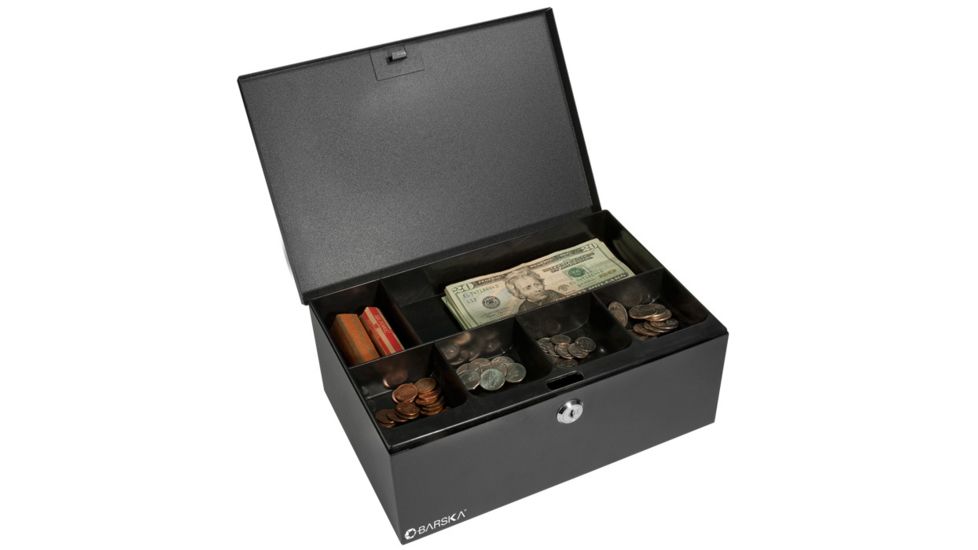 Barska 12in. Cash Box, 6 Compartment Coin Tray, Open and Full CB11792