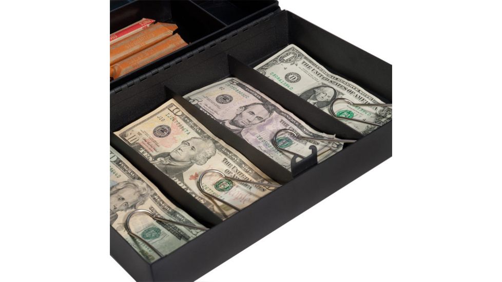Barska 12in. Cash Box, 6 Compartment Tray, Close Up In Use CB11794